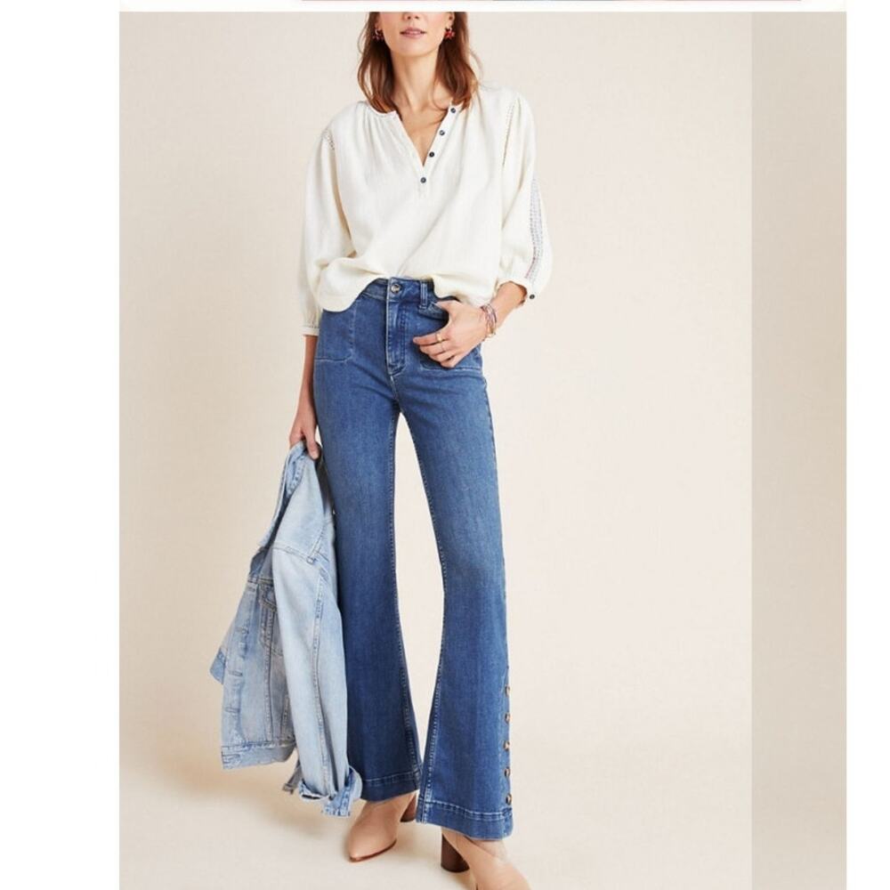 Pilcro Anthropologie High Rise Bootcut Jeans Flare 30 Sailor Button Ankle Boho